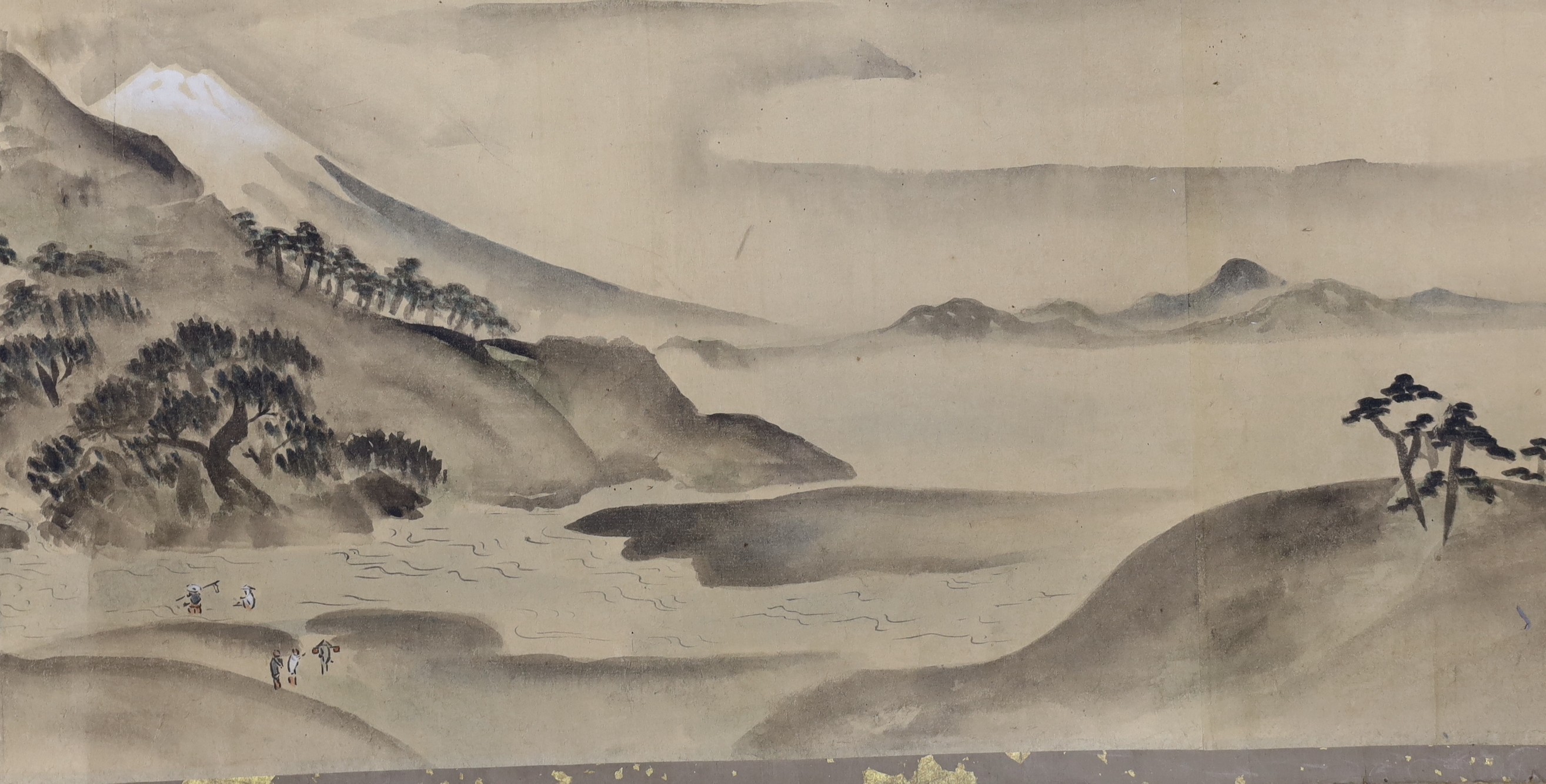 A Japanese landscape painting on paper hand scroll, Edo period, titled views, now in two parts, incomplete, image 27cm high x approximately 470cm wide